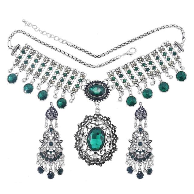 Afghan Silver Color Coin Tassel Bib Statement Necklace & Earring Sets