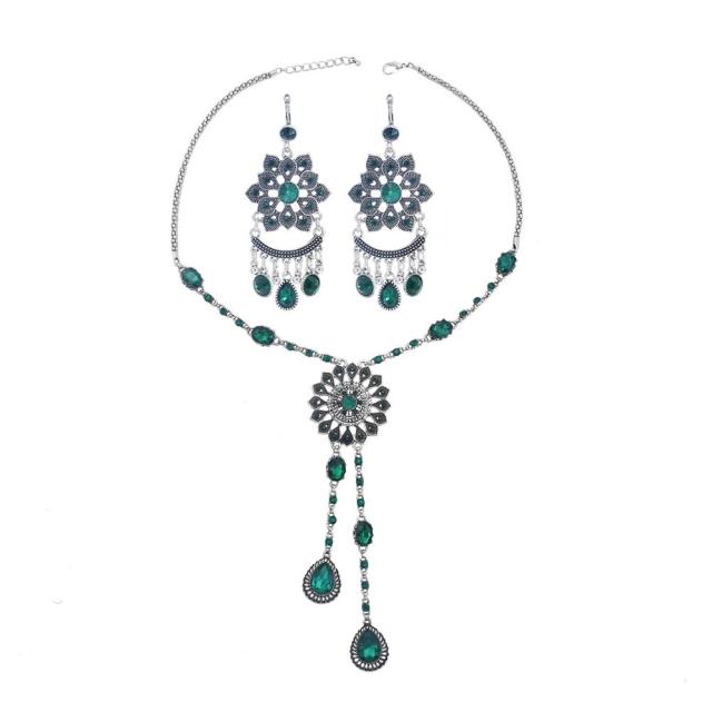 Afghan Silver Color Coin Tassel Bib Statement Necklace & Earring Sets