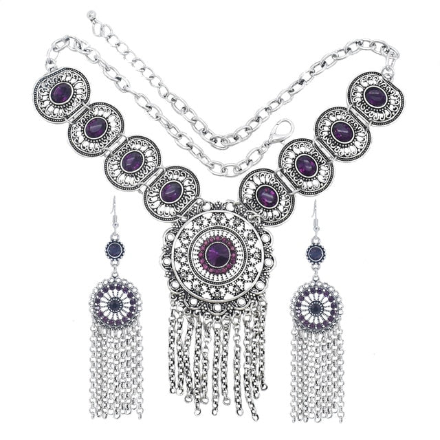 Afghan Silver Color Coin Tassel Bib Statement Necklace & Earring Sets