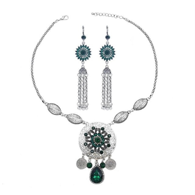 Afghan Silver Color Coin Tassel Bib Statement Necklace & Earring Sets