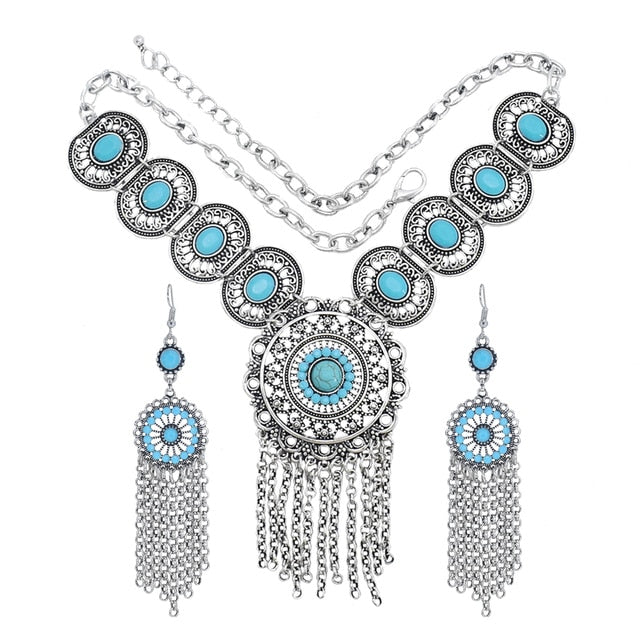 Afghan Silver Color Coin Tassel Bib Statement Necklace & Earring Sets
