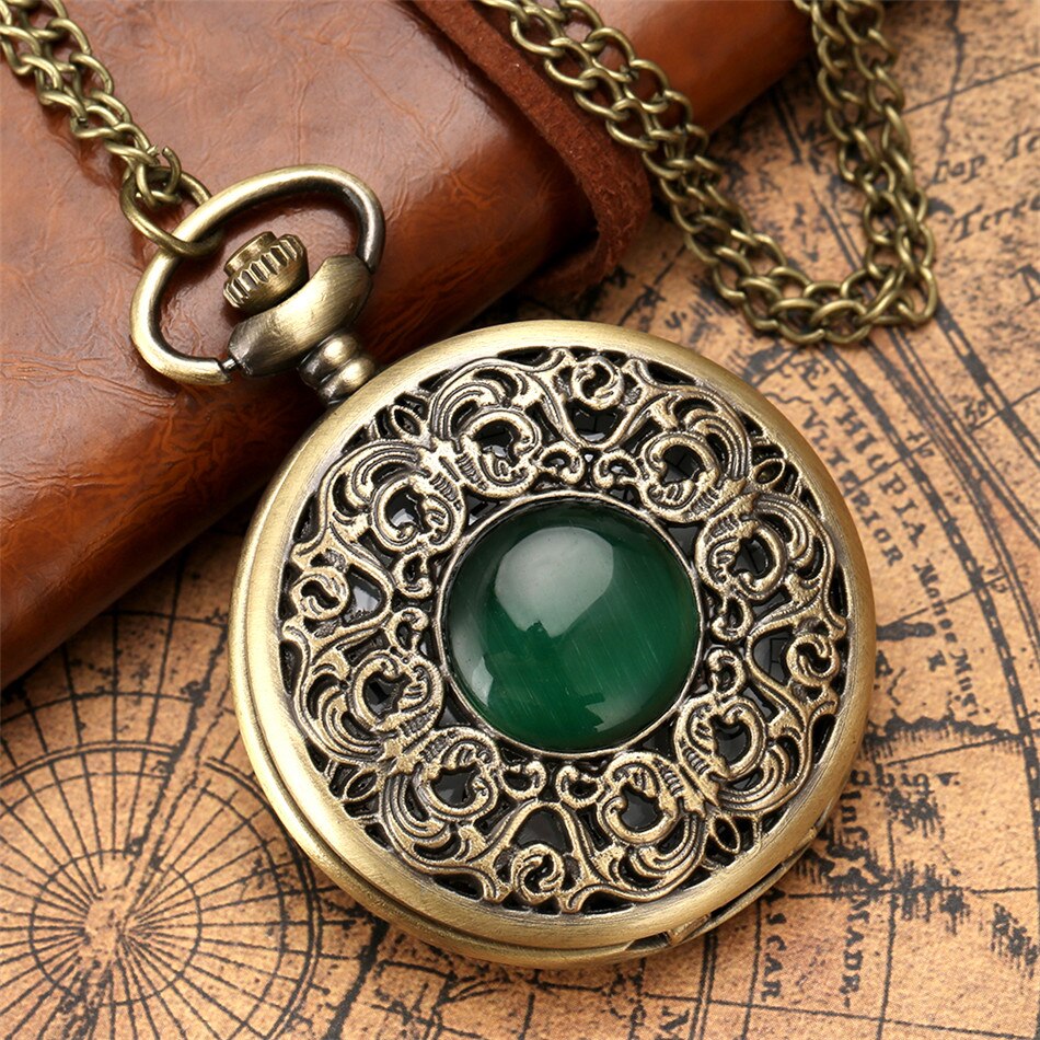 Green Stone Carved Pattern Bronze Quartz Pocket Watch