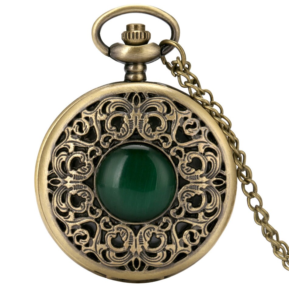 Green Stone Carved Pattern Bronze Quartz Pocket Watch