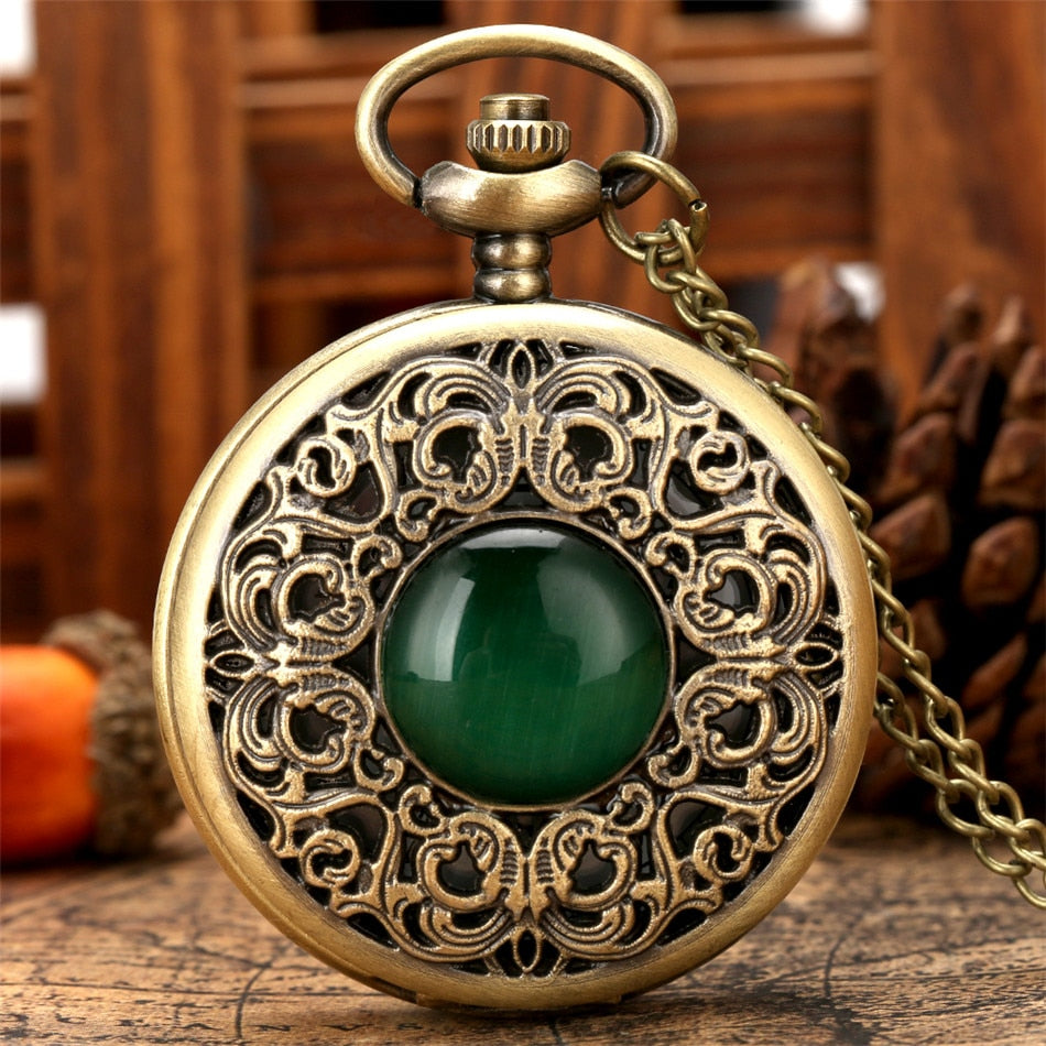 Green Stone Carved Pattern Bronze Quartz Pocket Watch