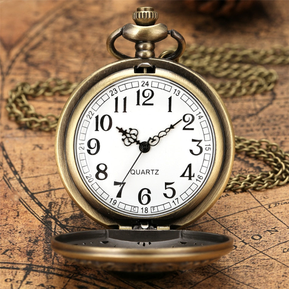 Green Stone Carved Pattern Bronze Quartz Pocket Watch