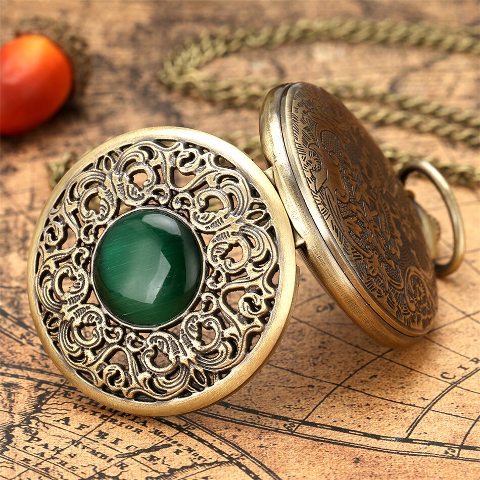 Green Stone Carved Pattern Bronze Quartz Pocket Watch
