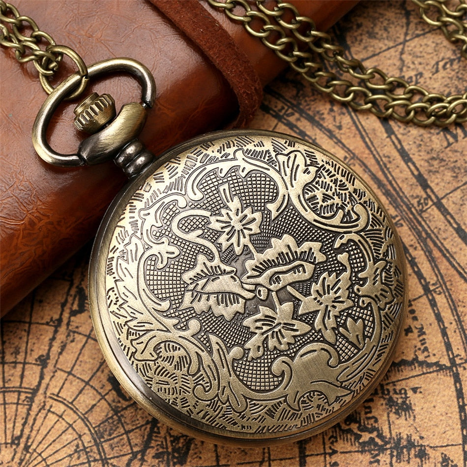 Green Stone Carved Pattern Bronze Quartz Pocket Watch