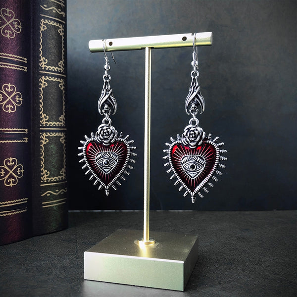 Rose Heart Oil Bat Gothic Earrings