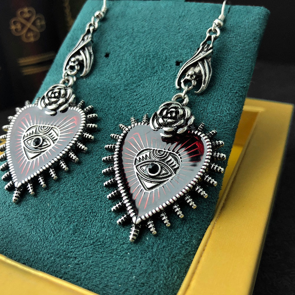Rose Heart Oil Bat Gothic Earrings
