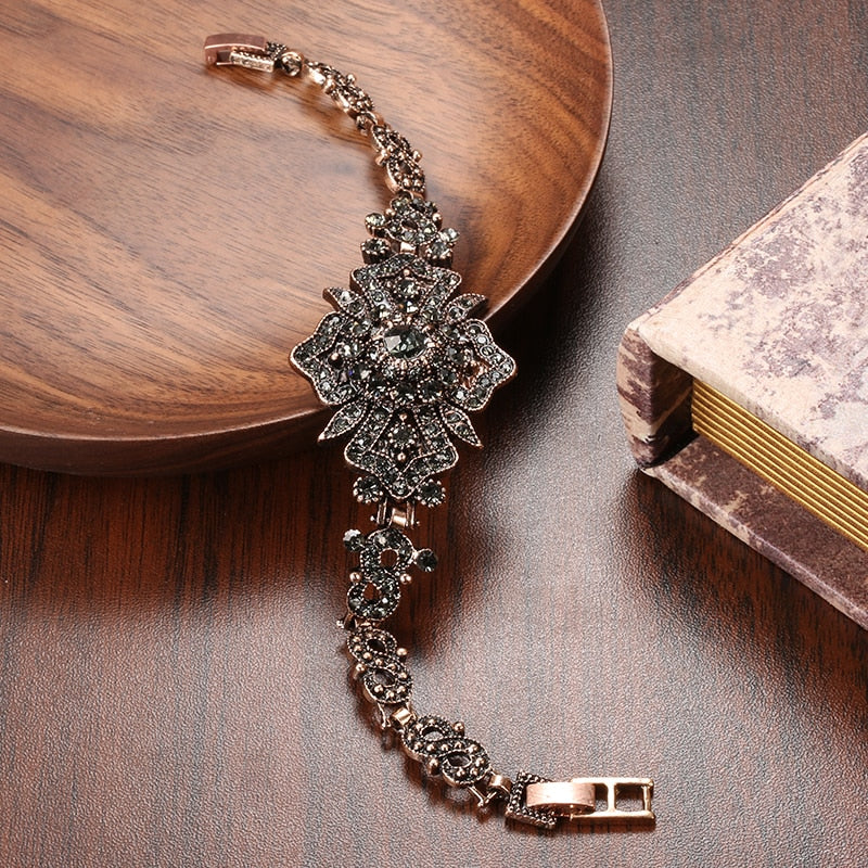 Antique Gold Color Gray Crystal Ethnic Wedding Bridal Link Bracelet