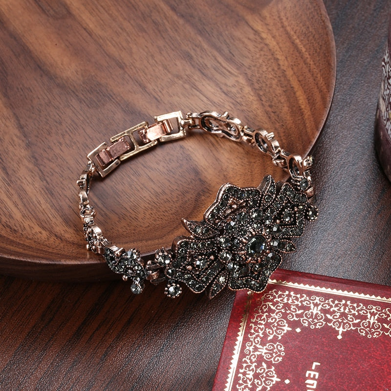 Antique Gold Color Gray Crystal Ethnic Wedding Bridal Link Bracelet