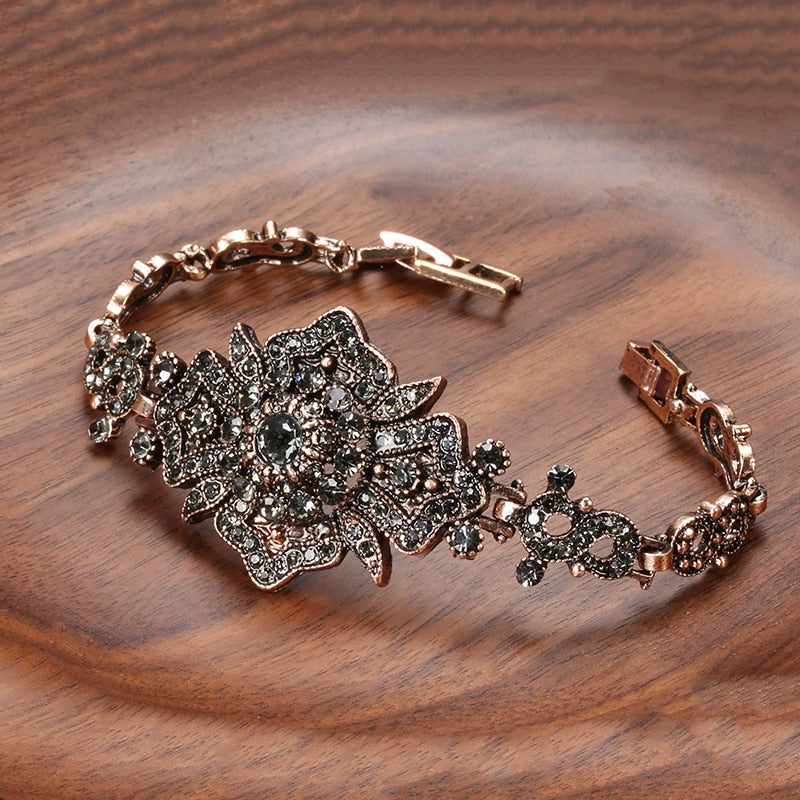 Antique Gold Color Gray Crystal Ethnic Wedding Bridal Link Bracelet