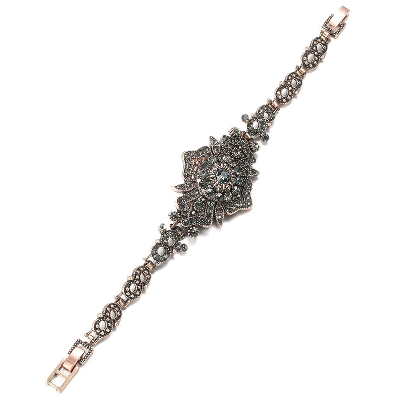 Antique Gold Color Gray Crystal Ethnic Wedding Bridal Link Bracelet