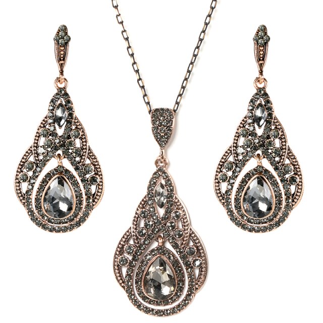 Gray Crystal Flower Earring Necklace Jewelry Sets