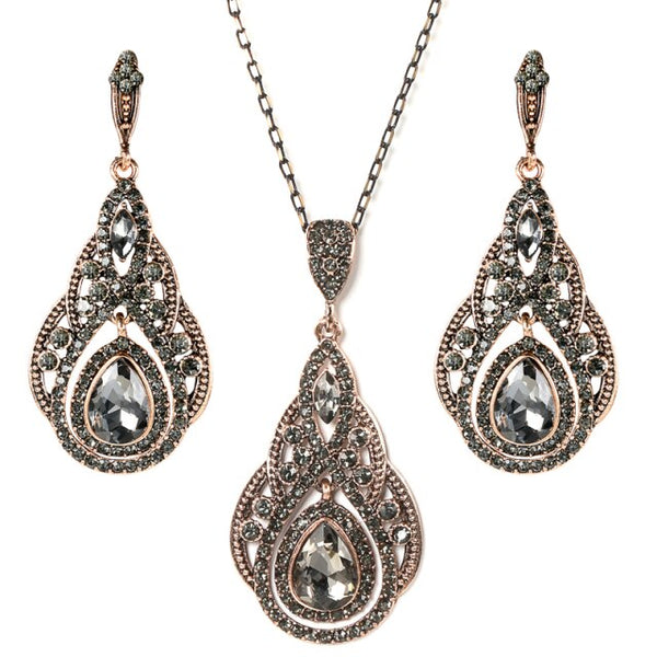 Conjuntos de joyas con pendientes, collar y flores de cristal gris