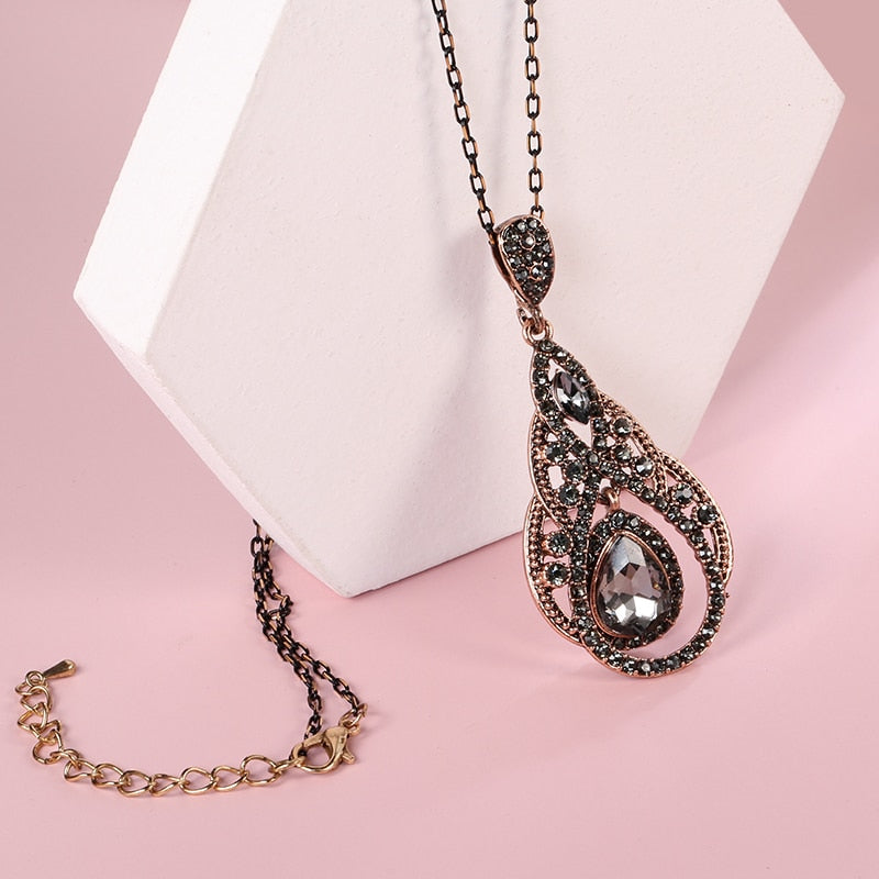 Gray Crystal Flower Earring Necklace Jewelry Sets
