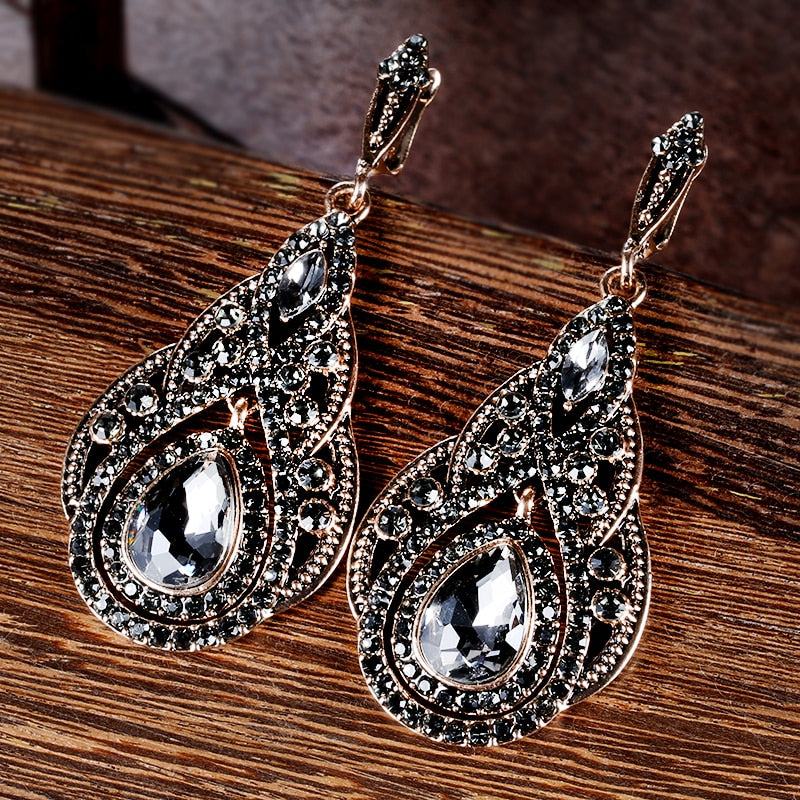 Gray Crystal Flower Earring Necklace Jewelry Sets