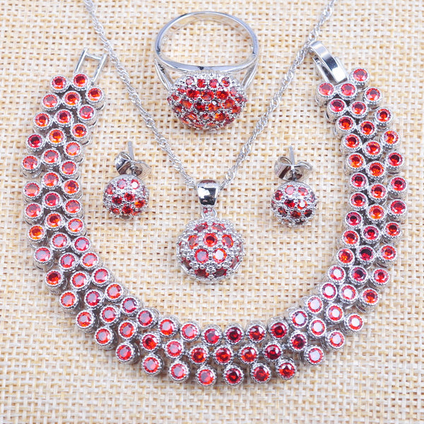 Red Zirconia Bracelet Necklace and Earrings Ring Set