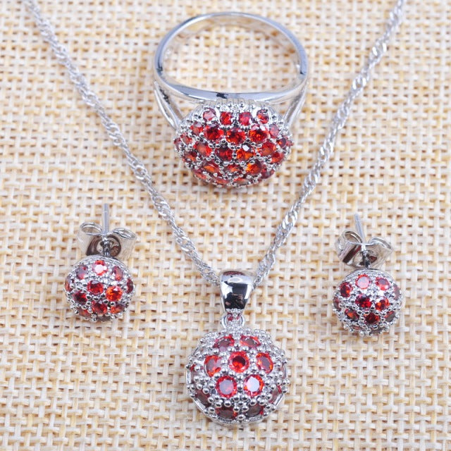 Red Zirconia Bracelet Necklace and Earrings Ring Set