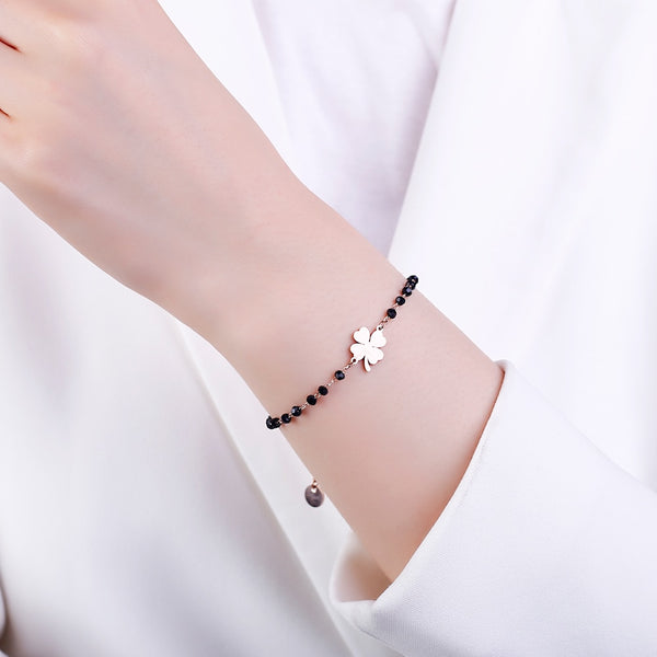 Pulseras con dije de trébol de oro rosa y acero inoxidable para mujer