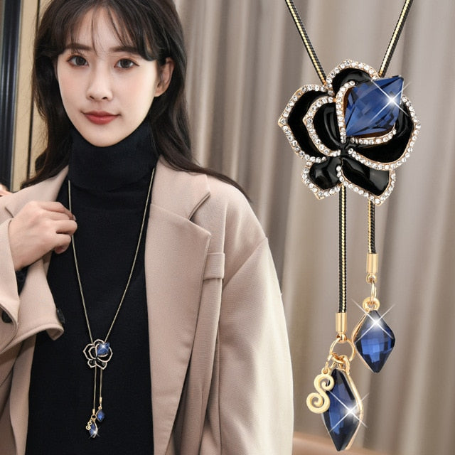 Gold Silver Color Rhinestone Long Necklace