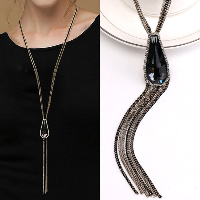 Gold Silver Color Rhinestone Long Necklace