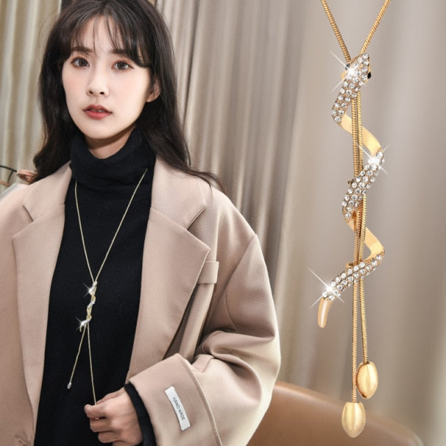 Gold Silver Color Rhinestone Long Necklace