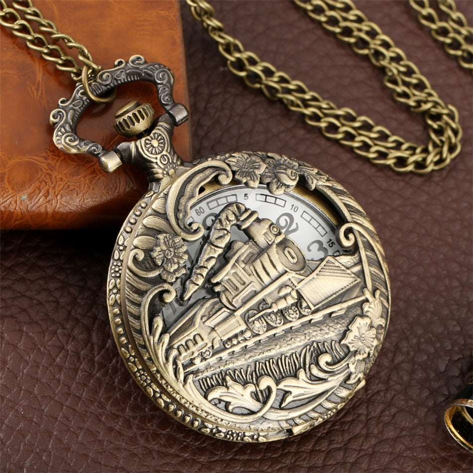 Vintage Retro Bronze Hollow Train Locomotive Steampunk Quartz Pocket Watch