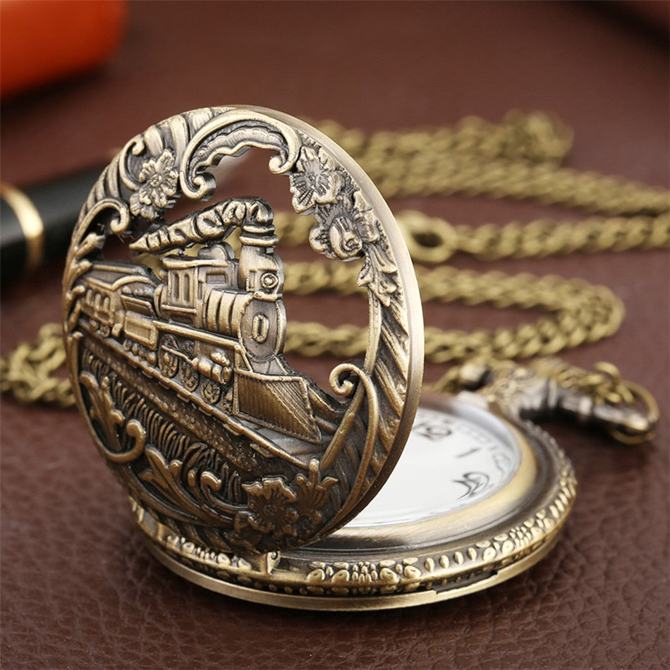 Vintage Retro Bronze Hollow Train Locomotive Steampunk Quartz Pocket Watch