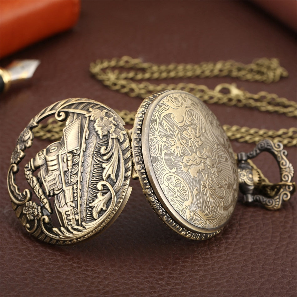 Vintage Retro Bronze Hollow Train Locomotive Steampunk Quartz Pocket Watch