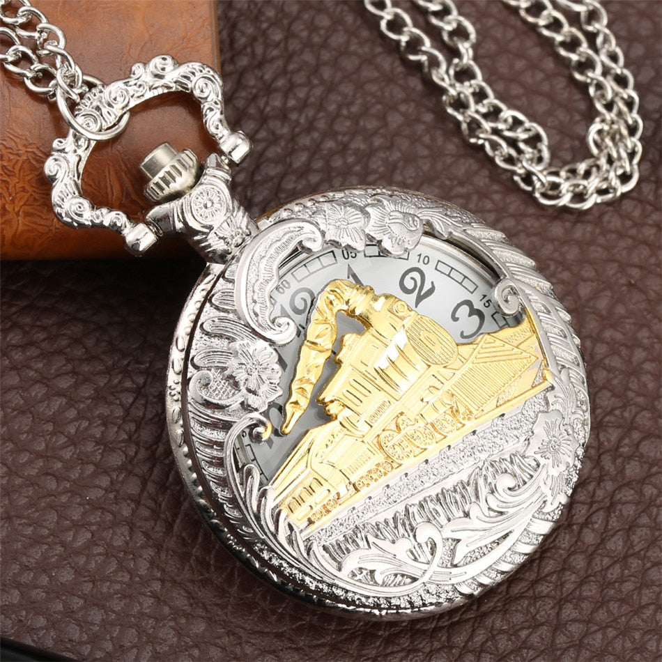 Vintage Retro Bronze Hollow Train Locomotive Steampunk Quartz Pocket Watch