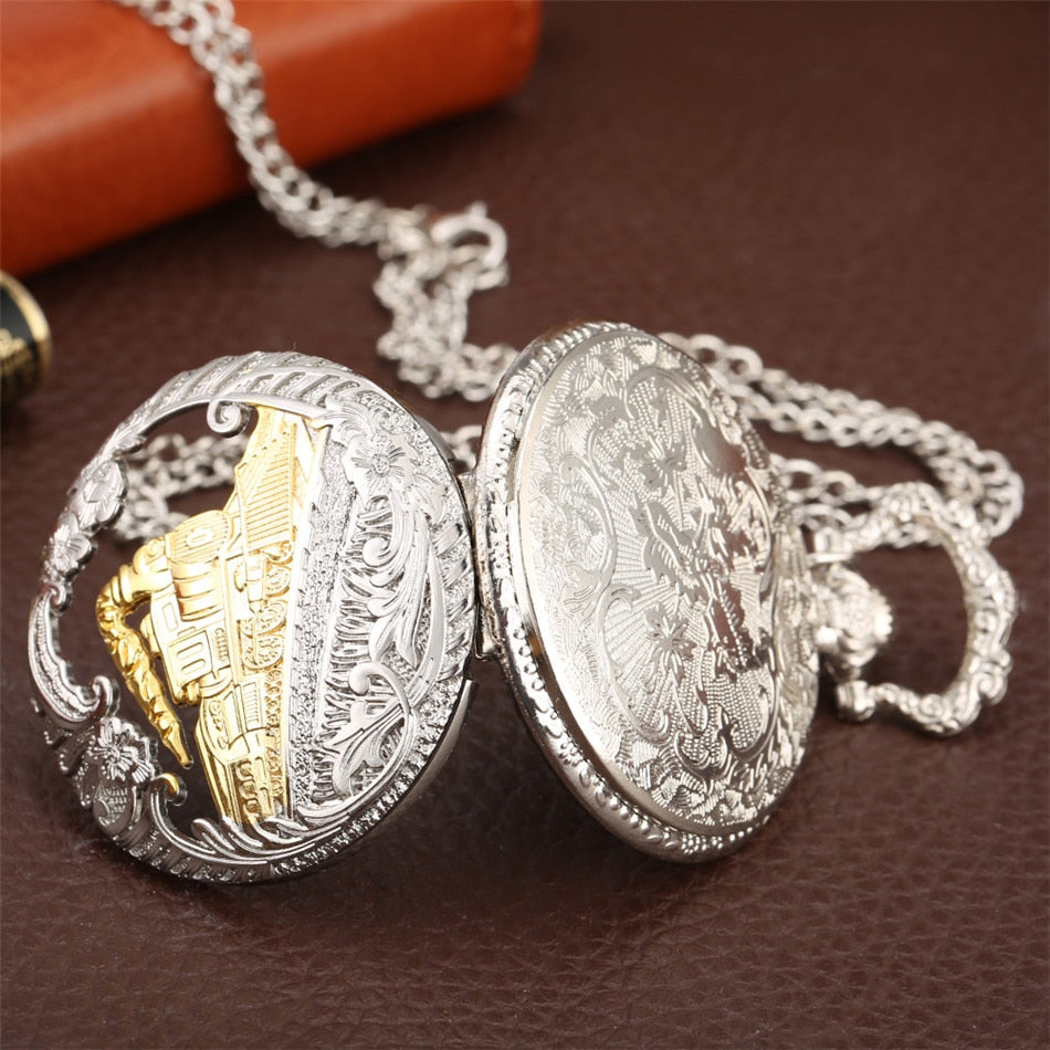 Vintage Retro Bronze Hollow Train Locomotive Steampunk Quartz Pocket Watch