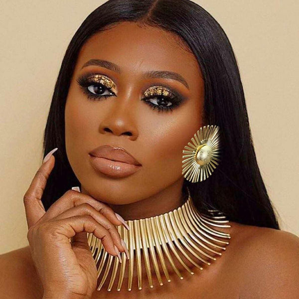 Gold Color Metal Big Exaggerated Torque Choker Necklace Earrings Set