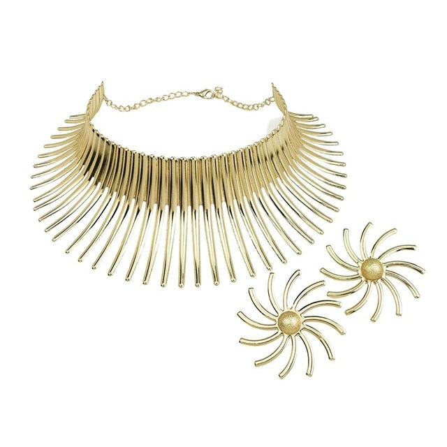 Gold Color Metal Big Exaggerated Torque Choker Necklace Earrings Set
