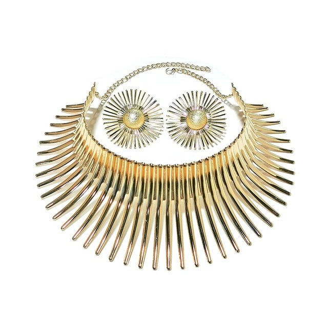 Gold Color Metal Big Exaggerated Torque Choker Necklace Earrings Set