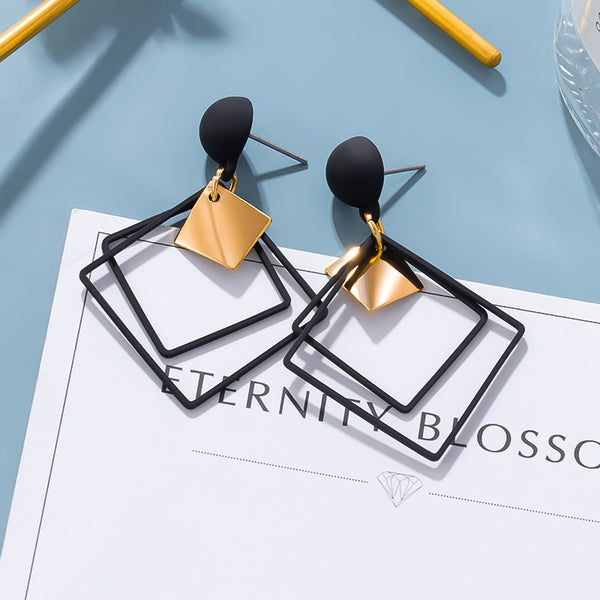 Fashion Vintage Black Arcylic Gold Geometric Tassel Drop Earings