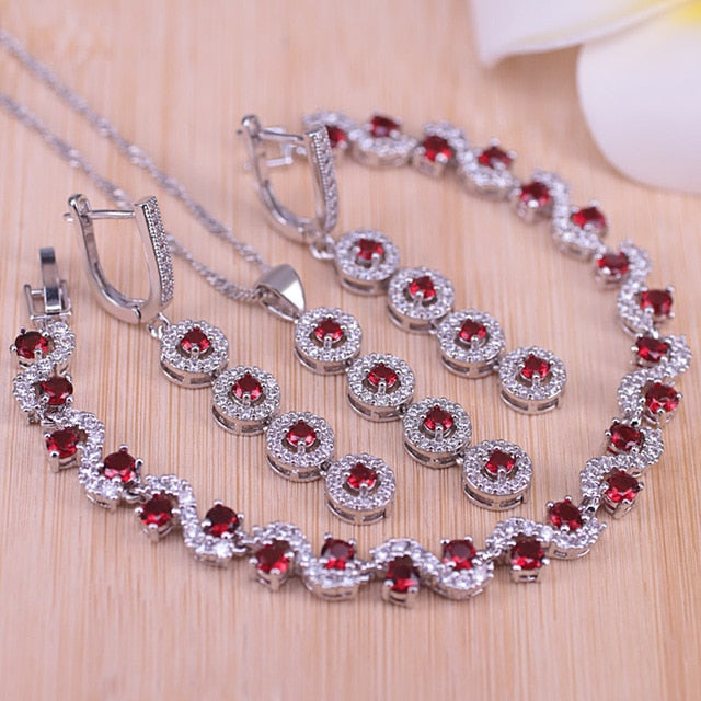 Lucky Colors Red Cubic Zirconia Silver Color Jewelry set