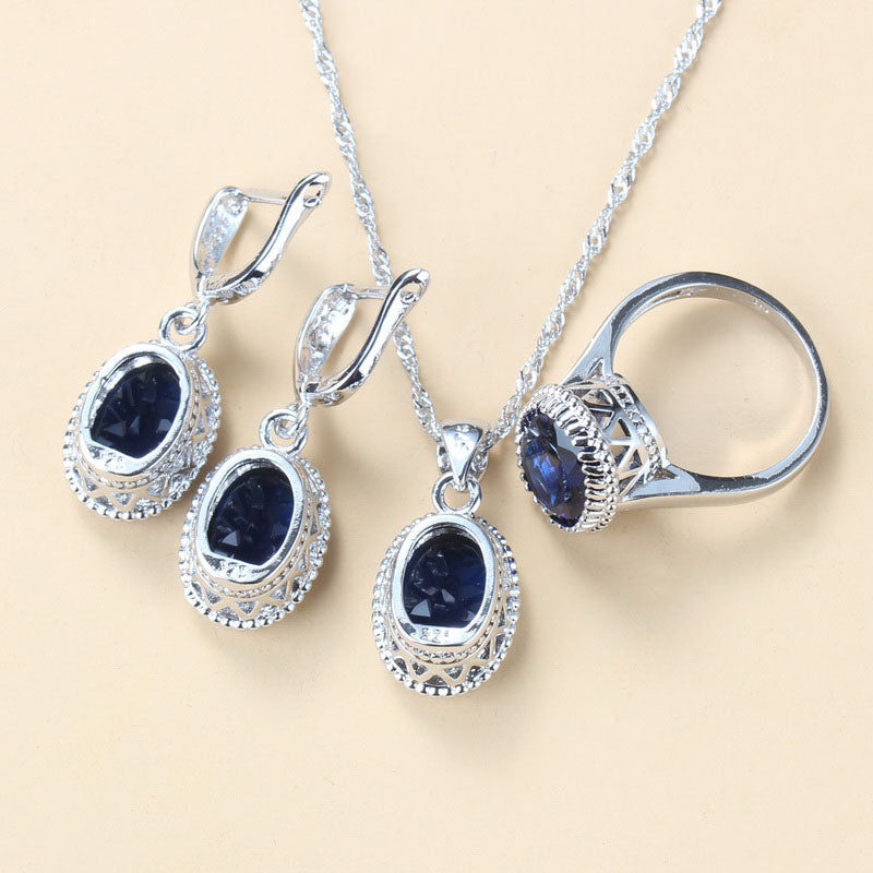 Classic Blue Zircon Bridal  Silver Color Jewelry Sets