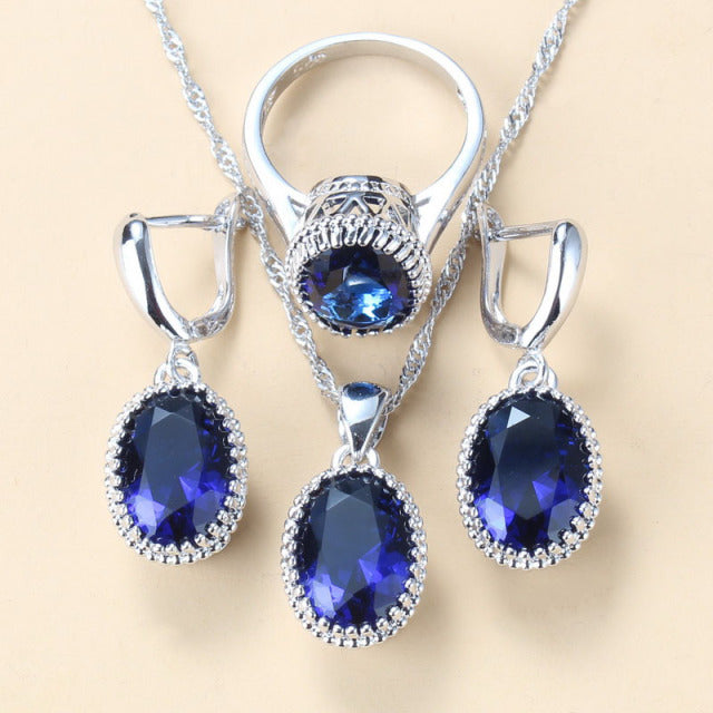 Classic Blue Zircon Bridal  Silver Color Jewelry Sets