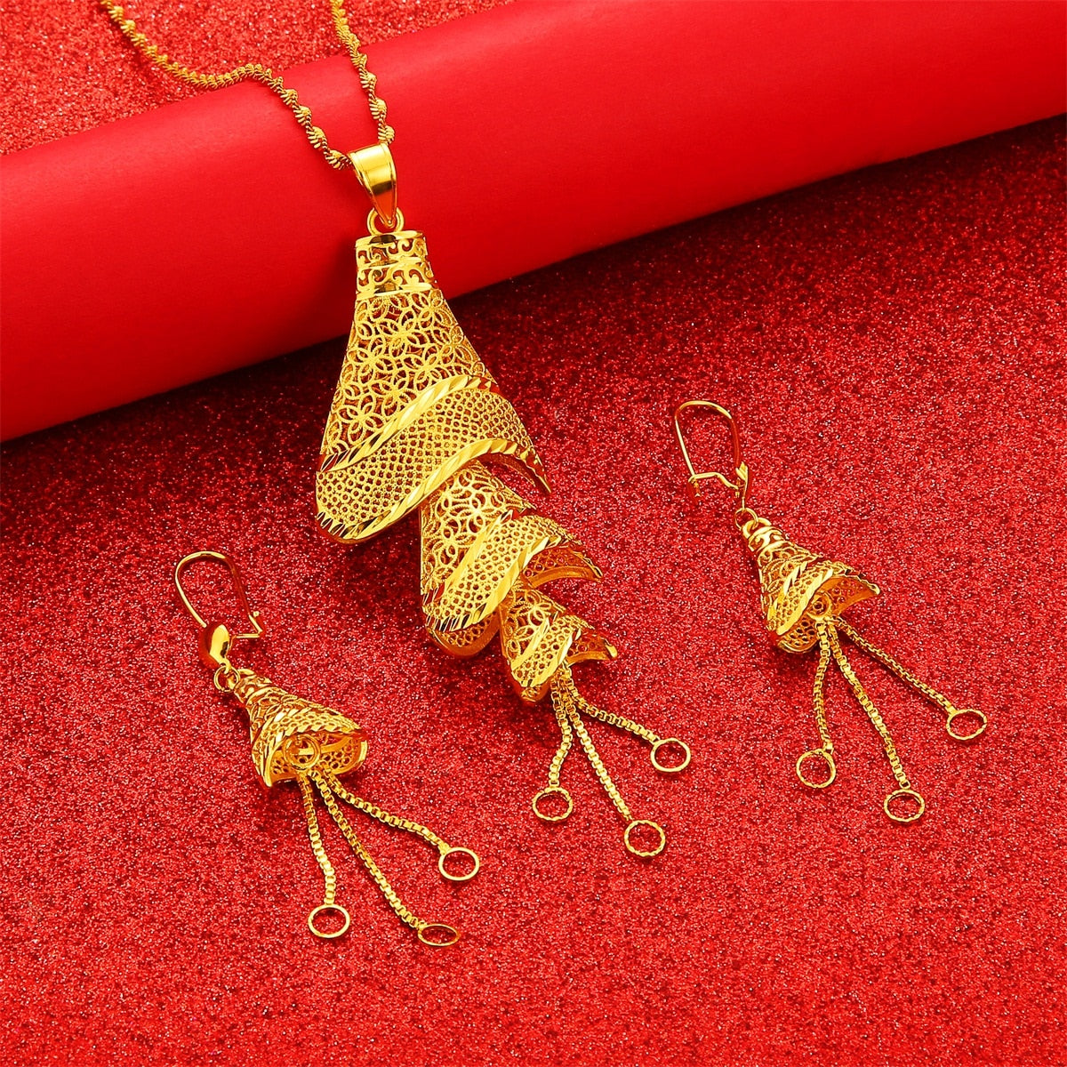 African Gold Color Pendant Necklaces Earrings Jewelry Set