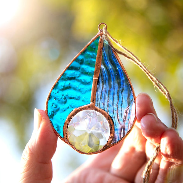 Handcrafted Stained Glass Teardrop Sun Catcher with Crystal Prism