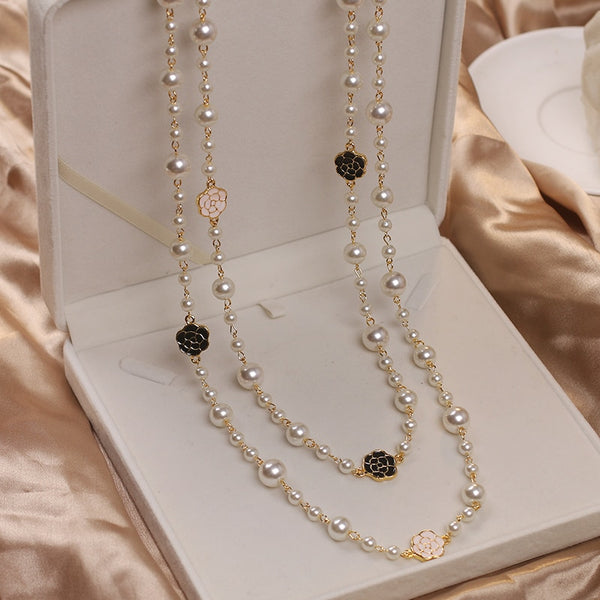 Luxury Camellia Multilayer Long Pearl Necklace
