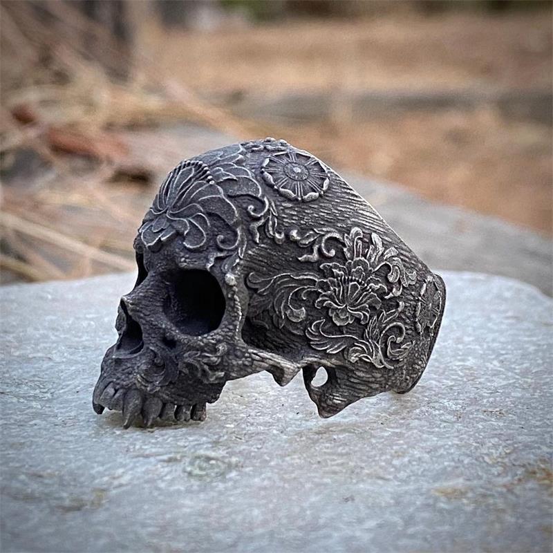 Unique Black Mens Flower Skull Ring