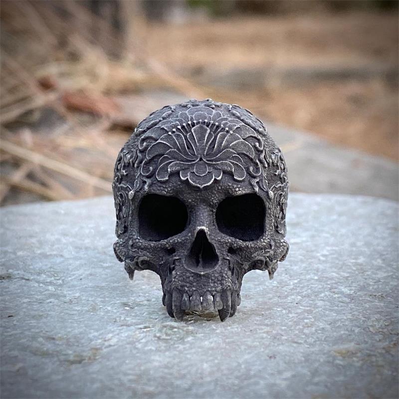Unique Black Mens Flower Skull Ring