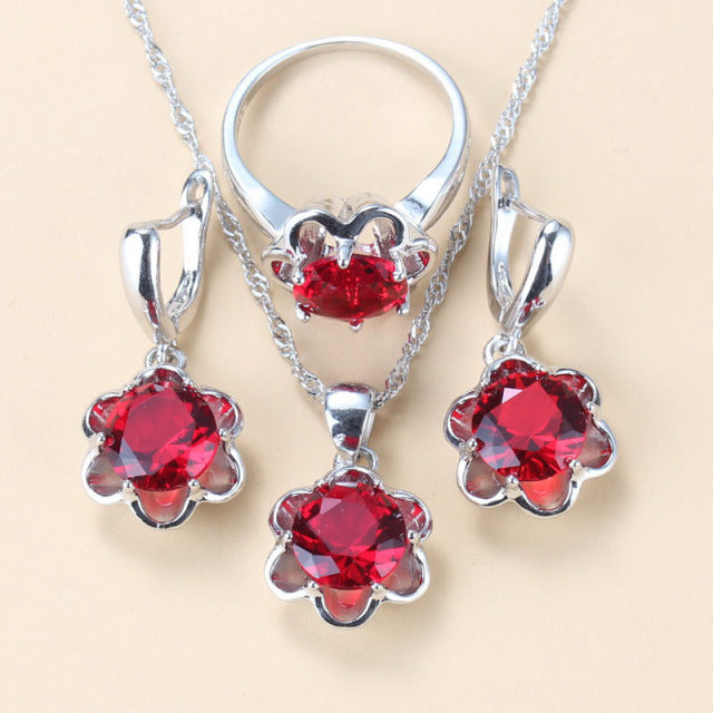 Red Garnet Zircon Wedding Costume Dangle Earrings And Ring Sets