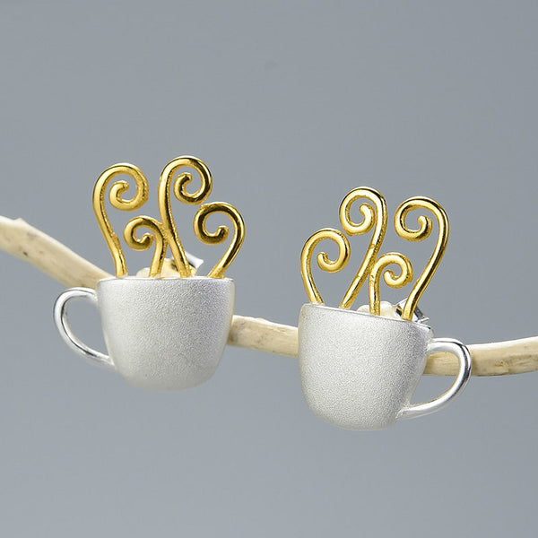Pendientes de plata de ley 925 con forma de taza de café caliente, pendientes de moda para mujer, regalo