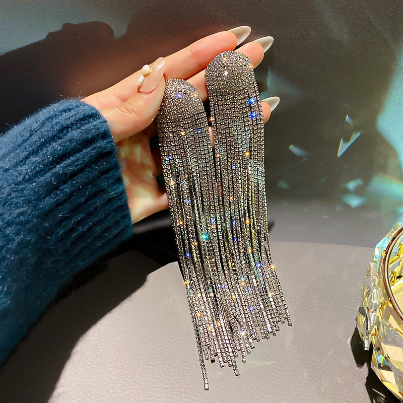 Long Tassel Full Rhinestone Drop Earrings for Women