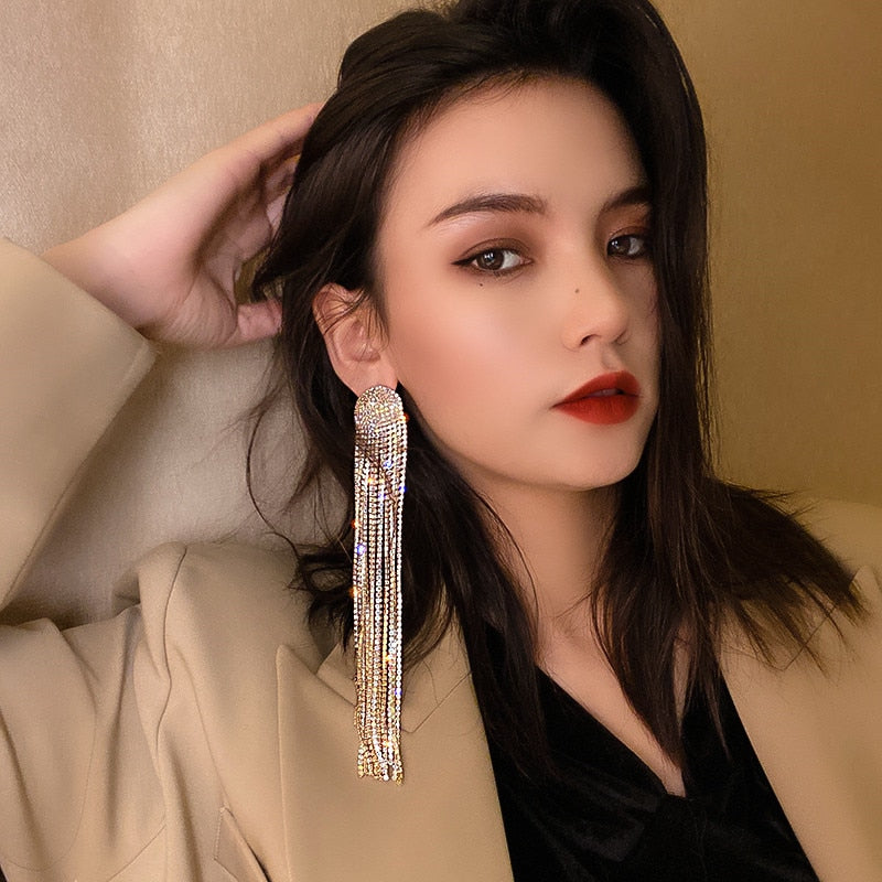Long Tassel Full Rhinestone Drop Earrings for Women