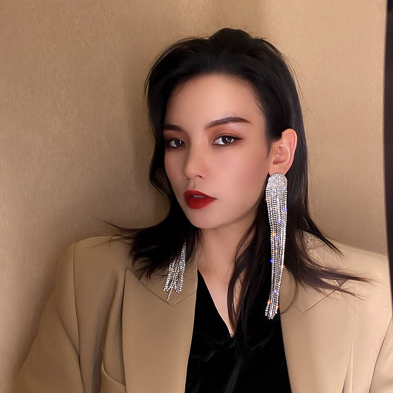 Long Tassel Full Rhinestone Drop Earrings for Women