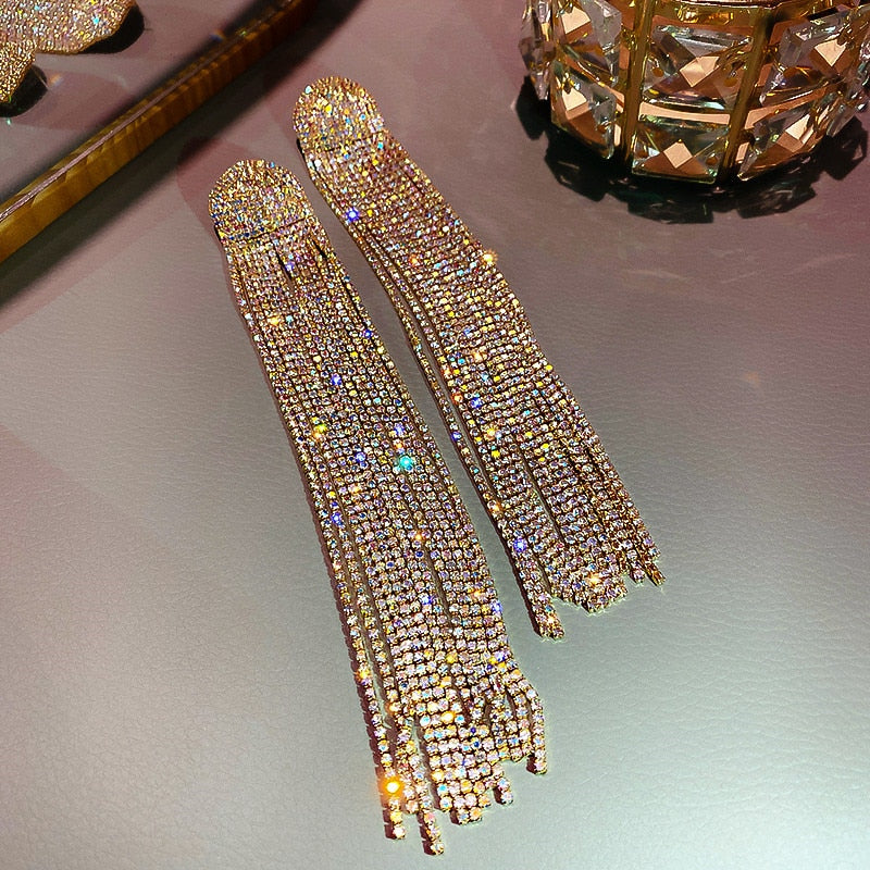 Long Tassel Full Rhinestone Drop Earrings for Women